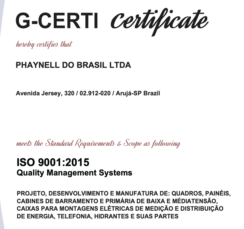 Certificado ISO 9001:2015 - Phaynell do Brasil